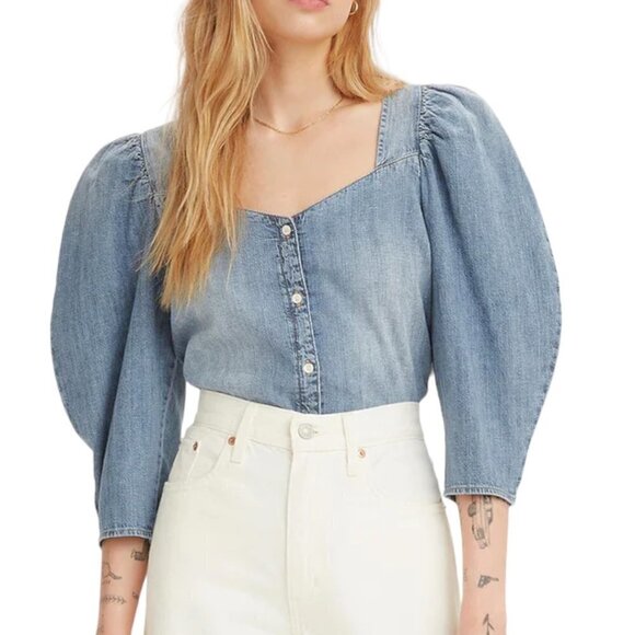 Levi's Tops - LEVI'S Ellora Blouse Denim Balloon Puff 3/4 Sleeve Button Front Blue Small
